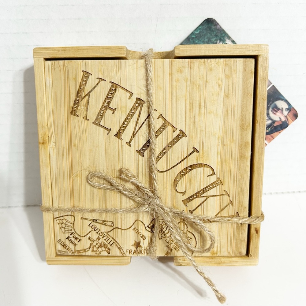 NWT The Totally Bamboo Kentucky State Puzzle Coaster Set Bamboo Case Engraved